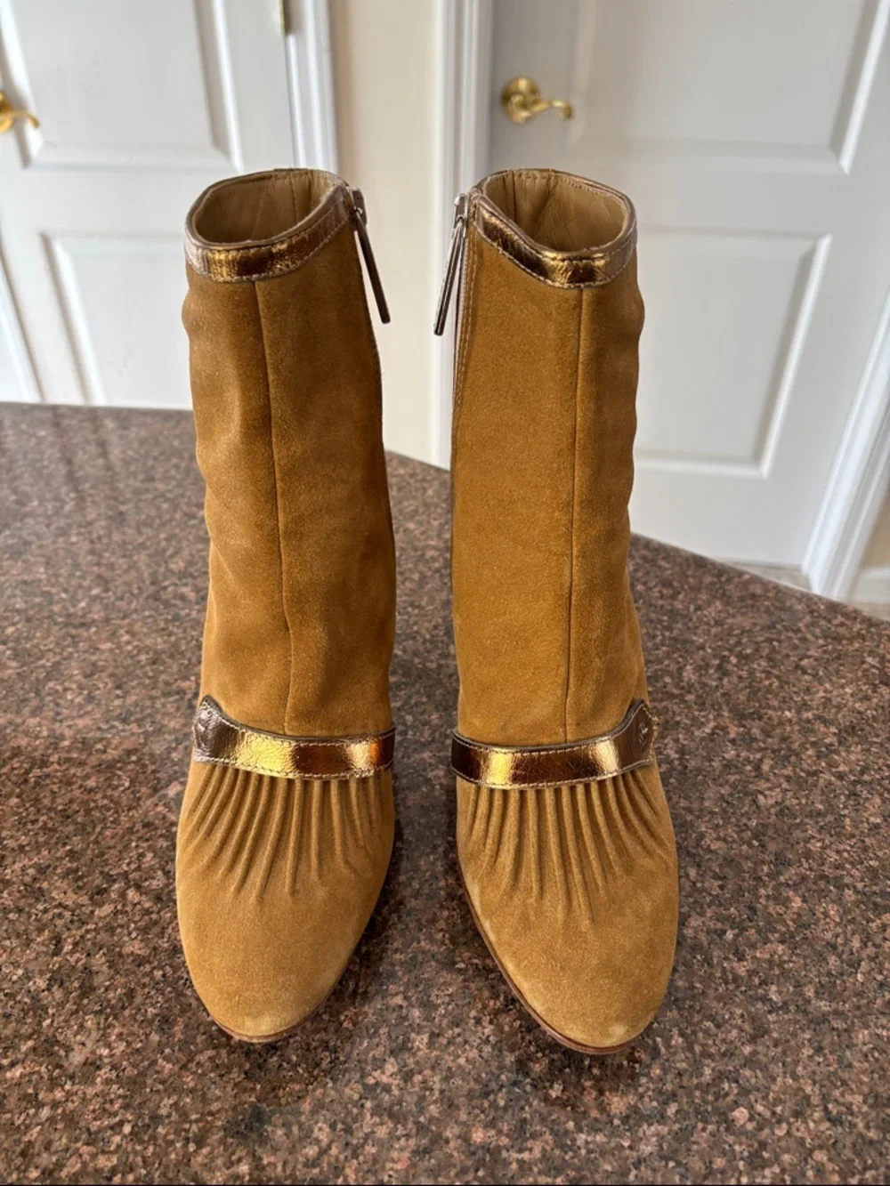 Versace Versus Ladies Camel Suede Bronze booties-7-VINTAGE 90’s
